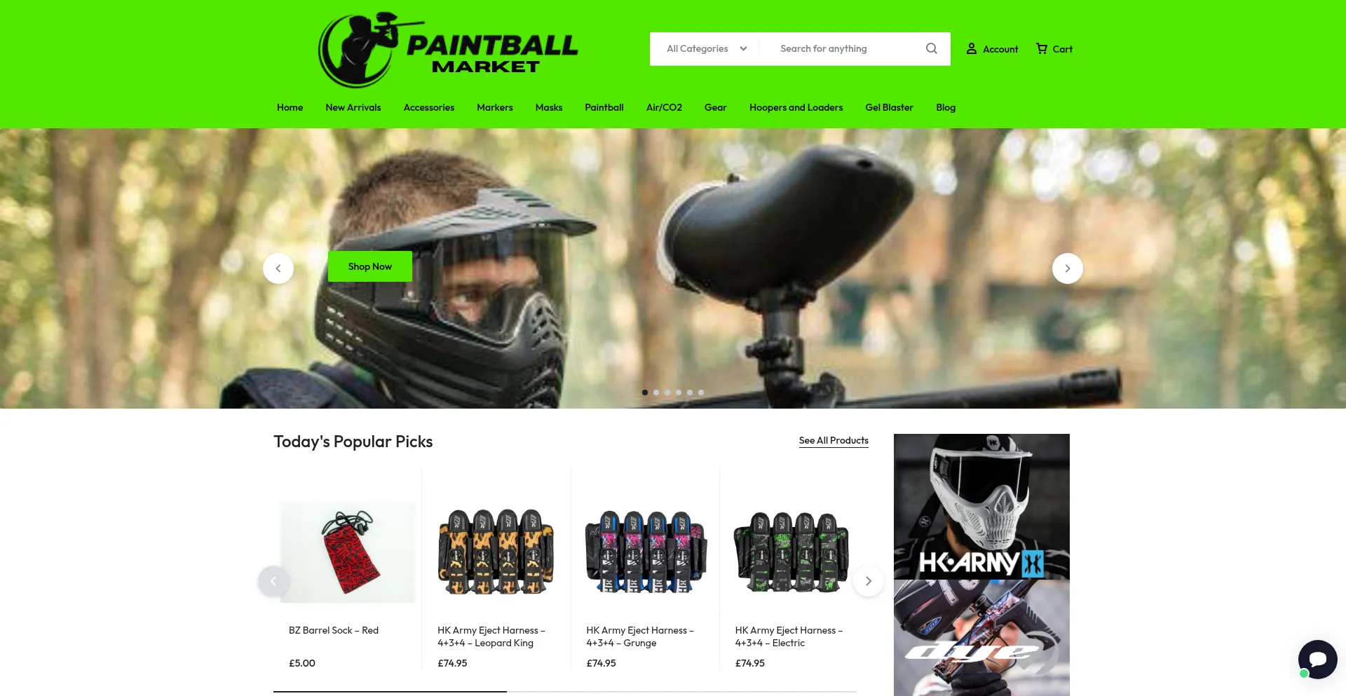 Website screenshot of Paintballmarket.co.uk