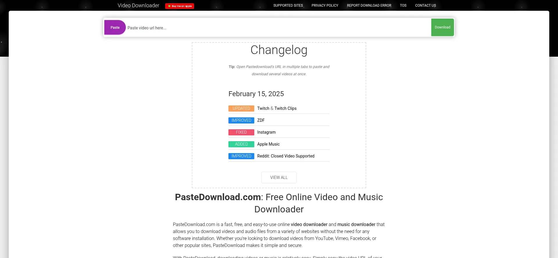 Website screenshot of Pastedownload.com