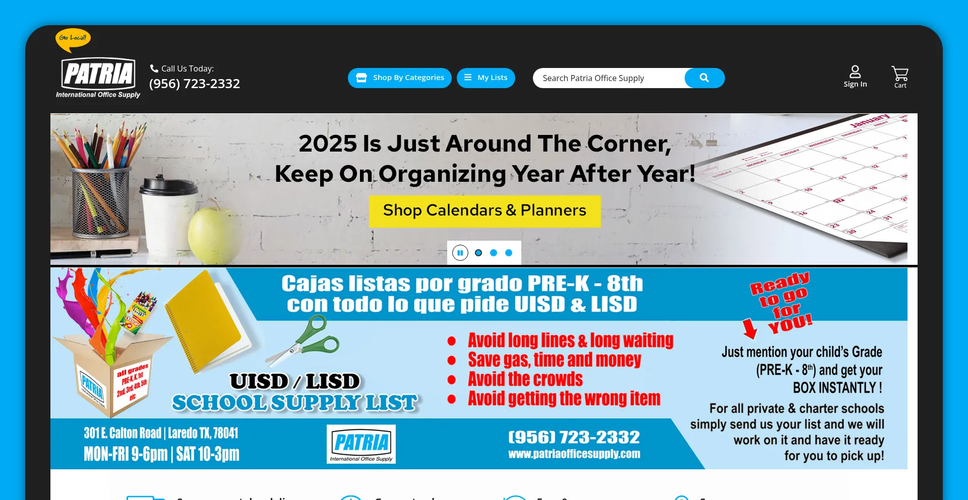 Website screenshot of Patriaofficesupply.com
