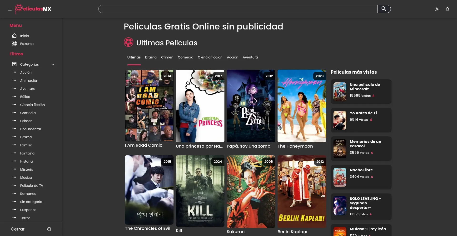 Website screenshot of Peliculasmx.net