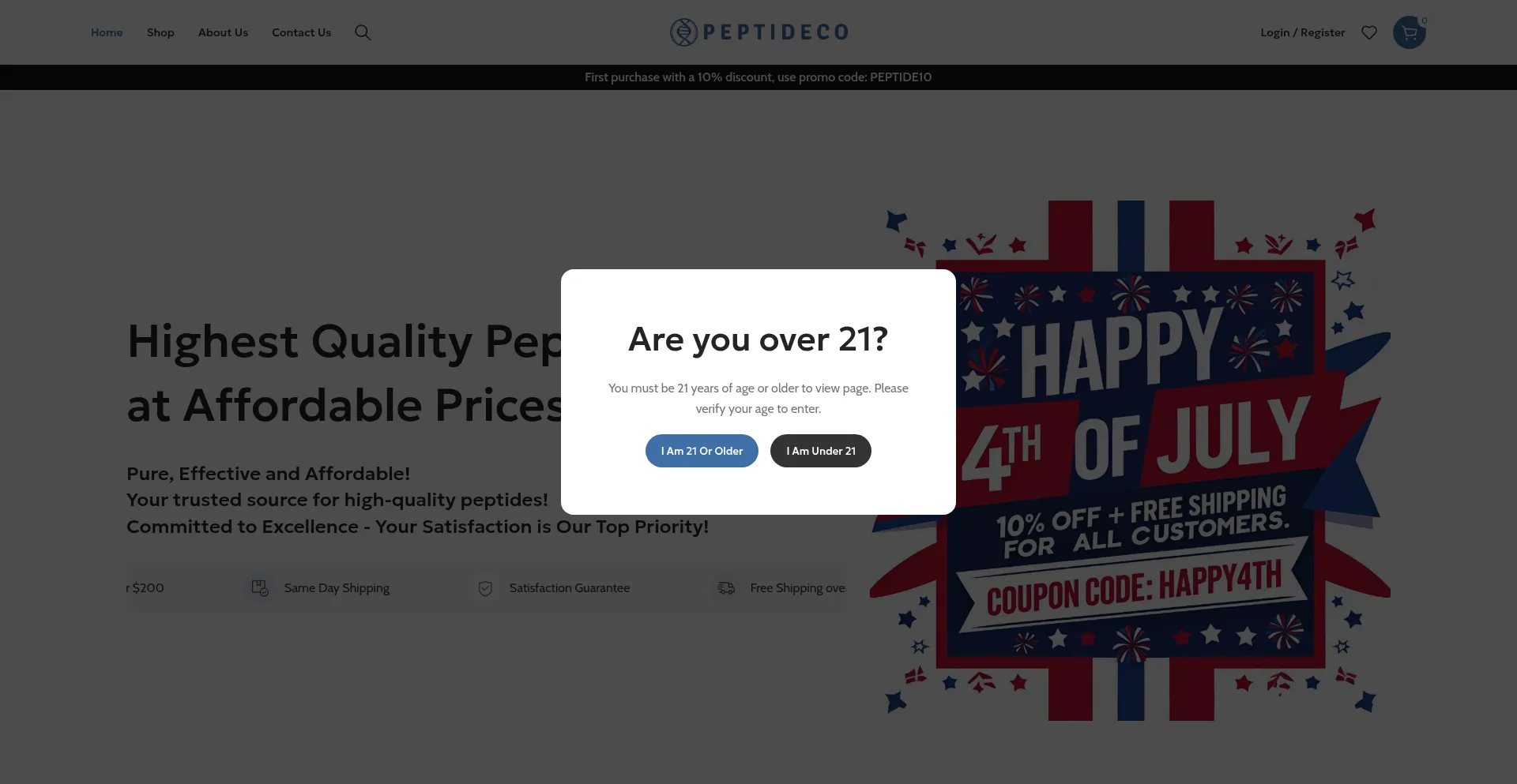 Website screenshot of Peptideco.com