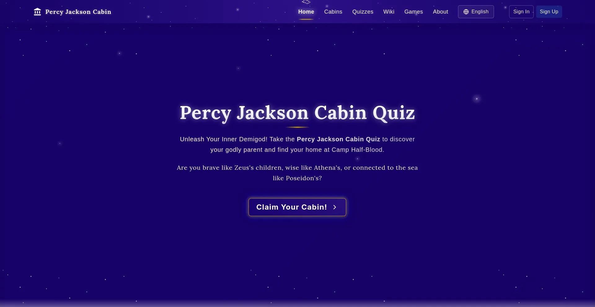 Website screenshot of Percyjacksoncabin.com