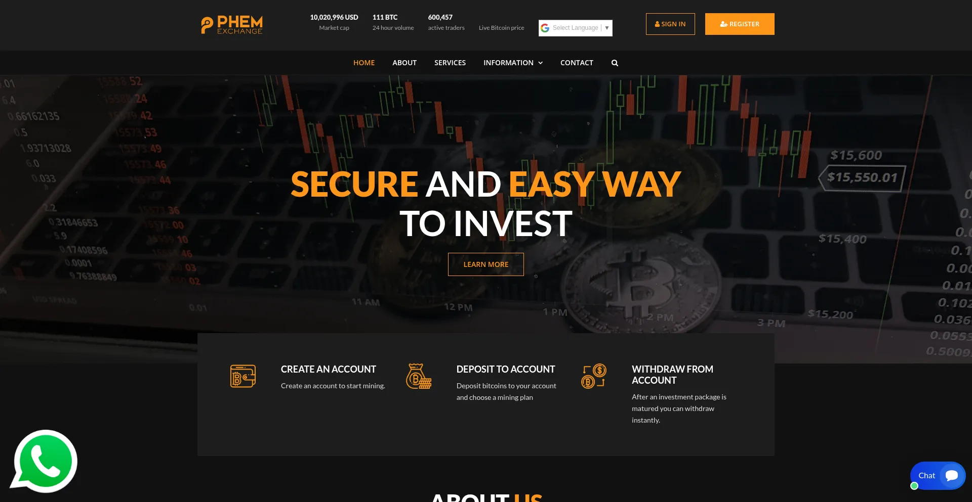 Website screenshot of Phem-exchange.ltd
