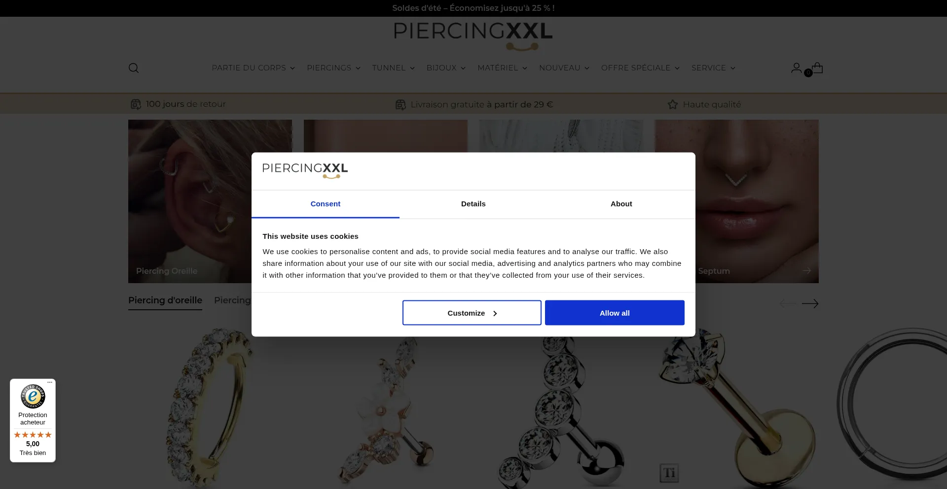 Website screenshot of Piercingxxl.fr