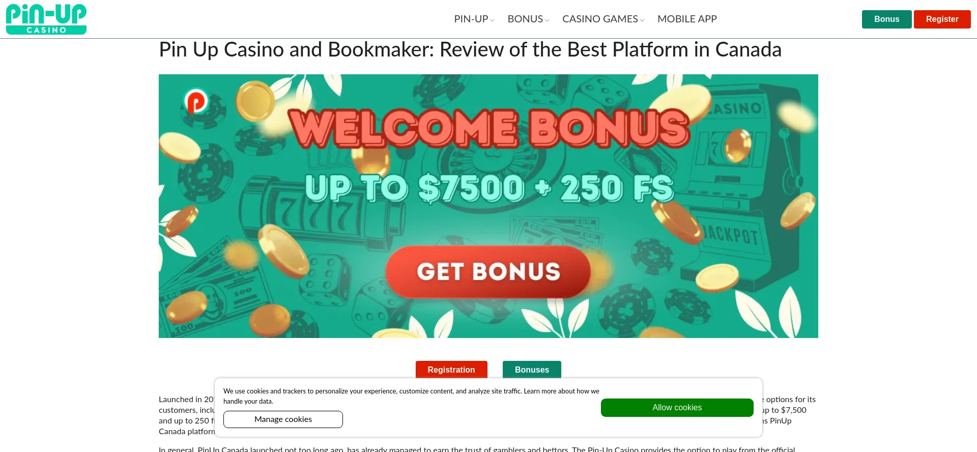 Website screenshot of Pinup-casino.ca