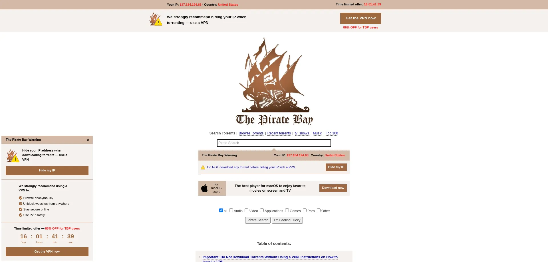 Website screenshot of Pirateproxy-bay.com