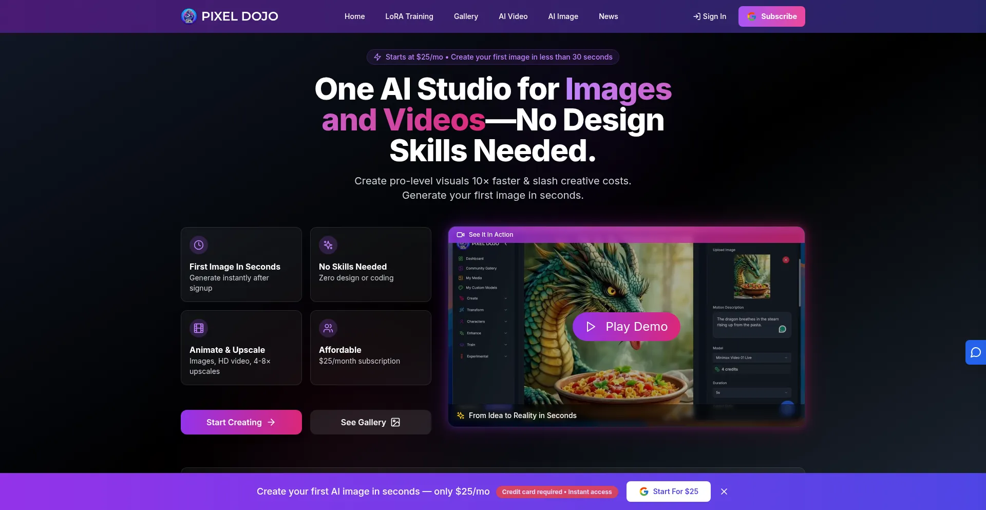 Website screenshot of Pixeldojo.ai