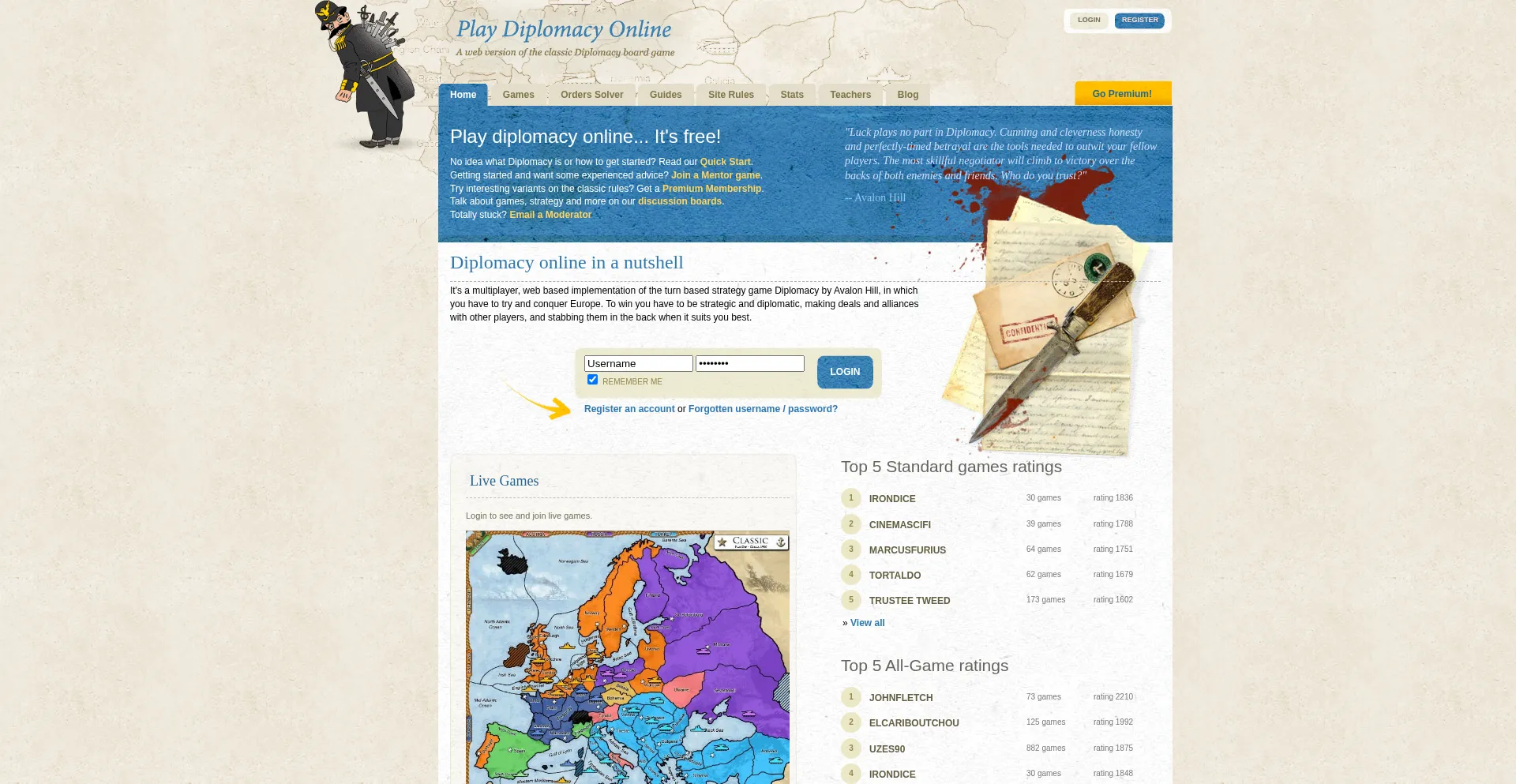 Website screenshot of Playdiplomacy.com