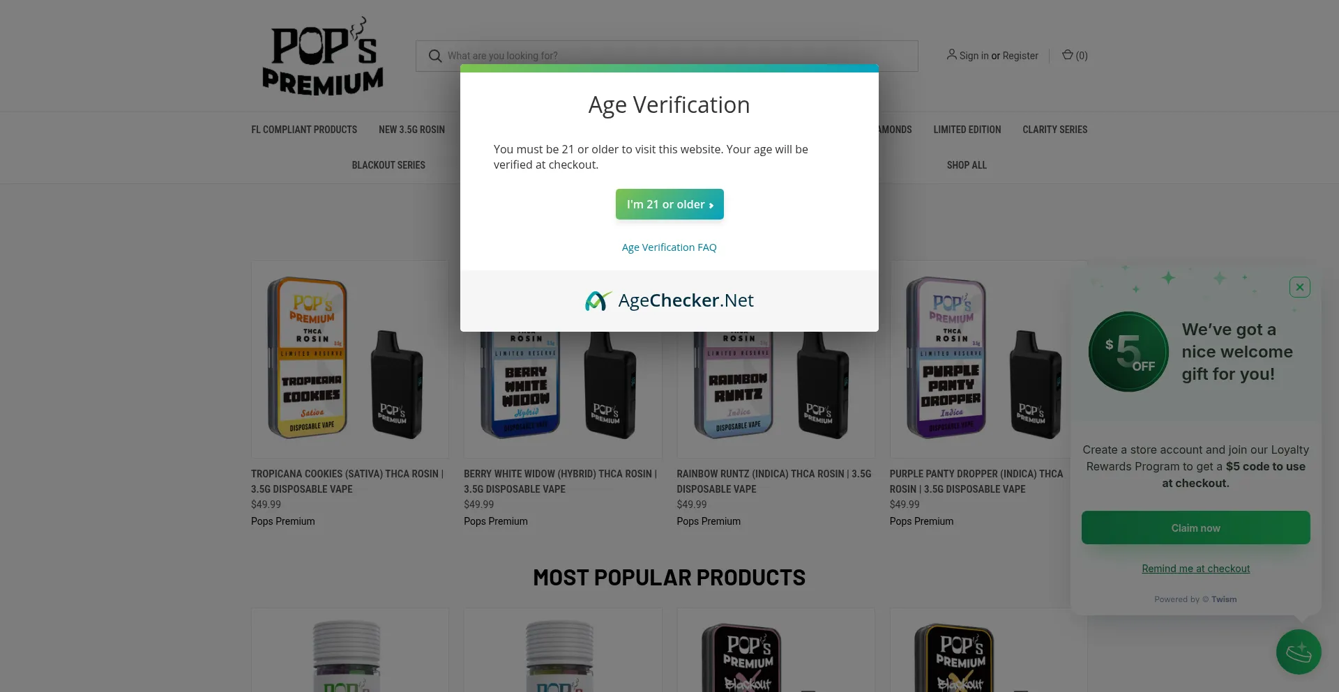 Website screenshot of Popspremiumhemp.com