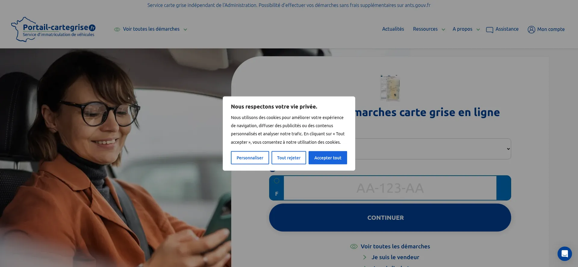 Website screenshot of Portail-cartegrise.fr