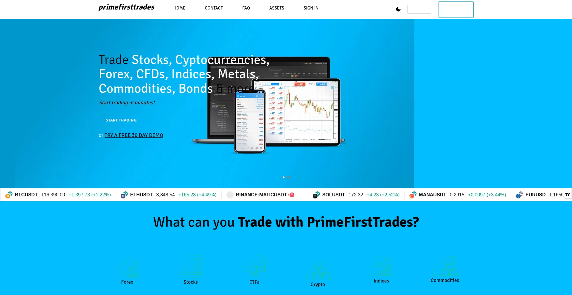 Website screenshot of Primefirsttrades.com
