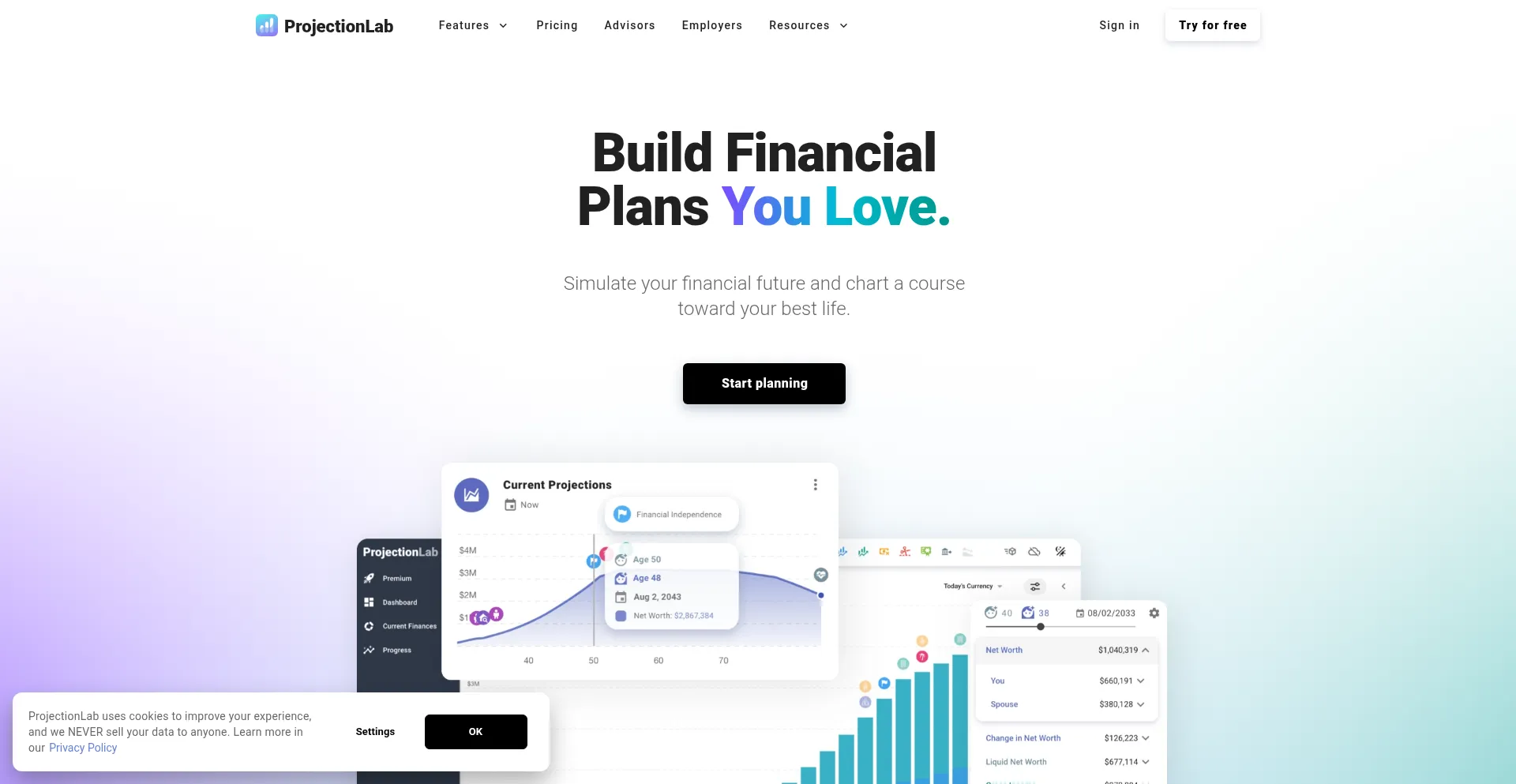 Website screenshot of Projectionlab.com