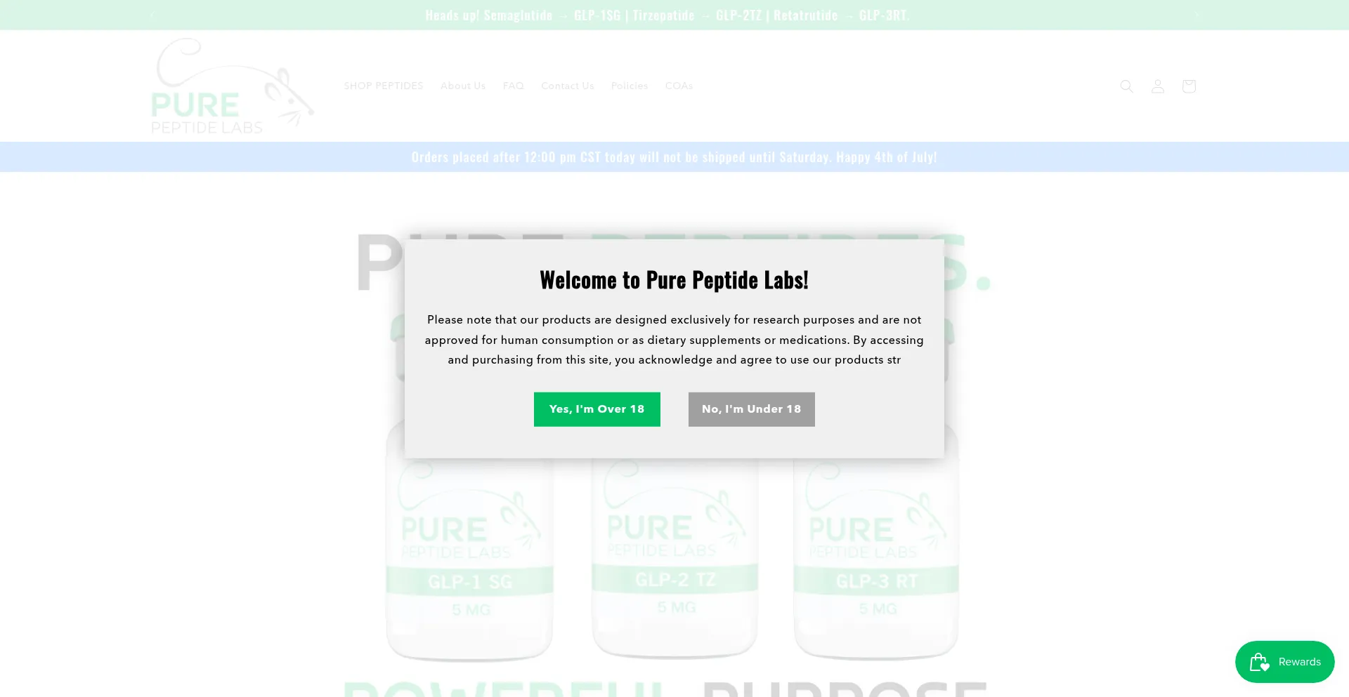 Website screenshot of Purepeptidelabs.com