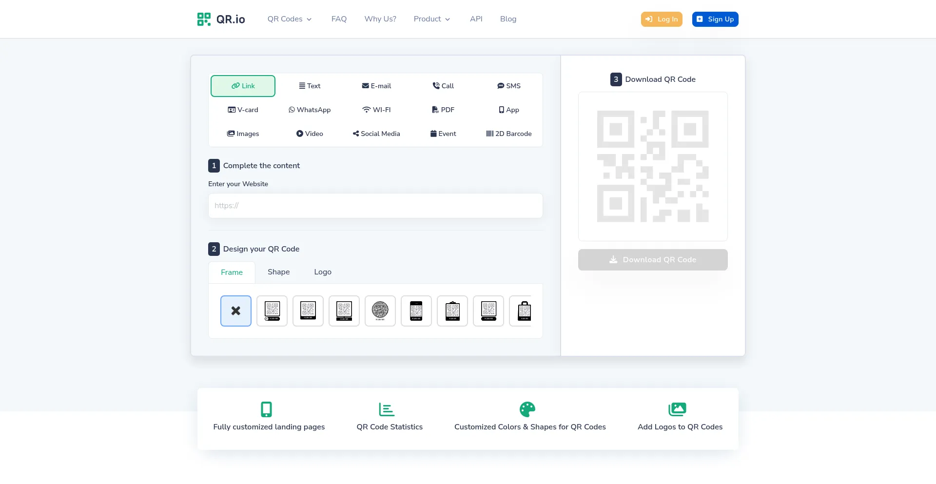 Website screenshot of Qr.io