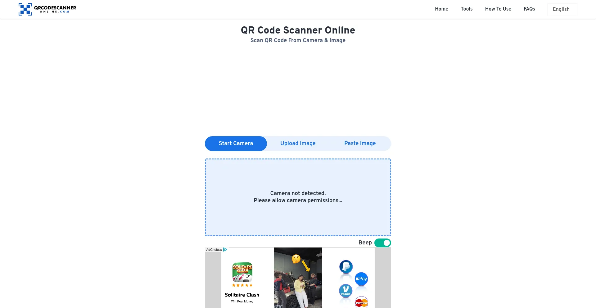 Website screenshot of Qrcodescanneronline.com