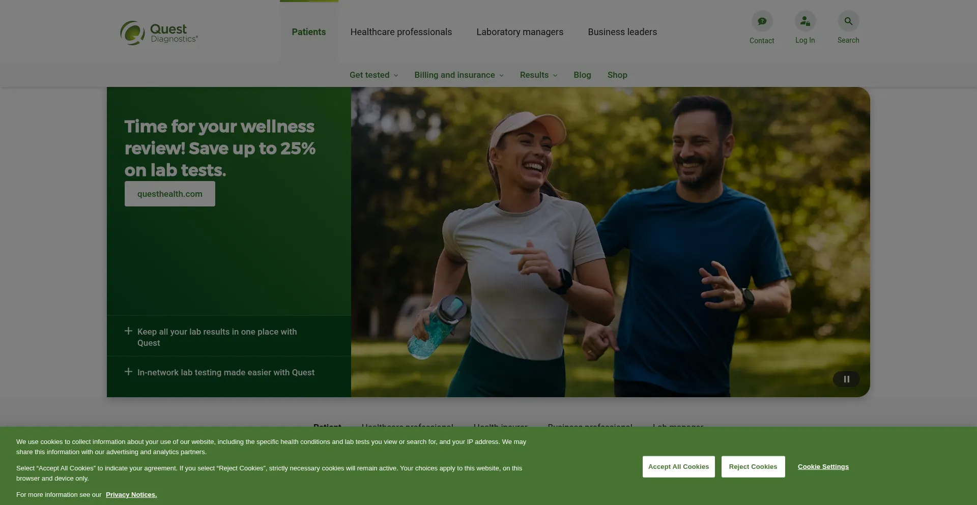 Website screenshot of Questdiagnostics.com