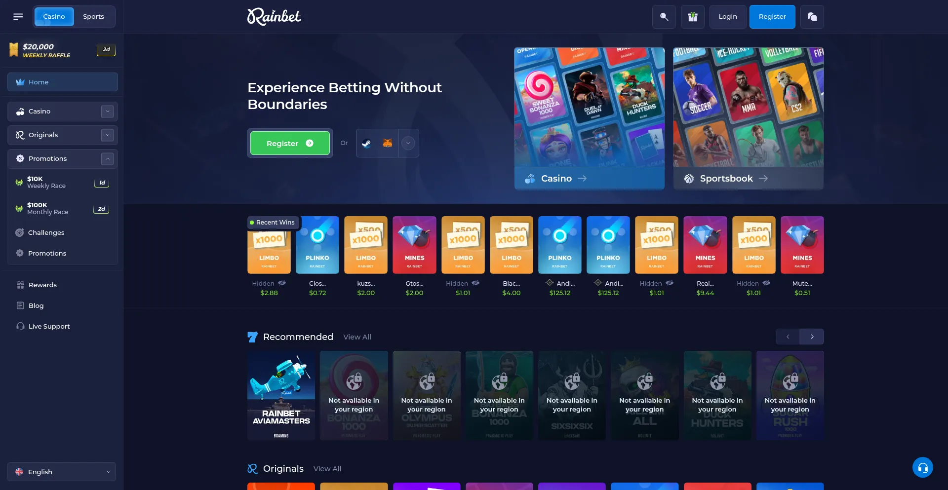 Website screenshot of Rainbet.com