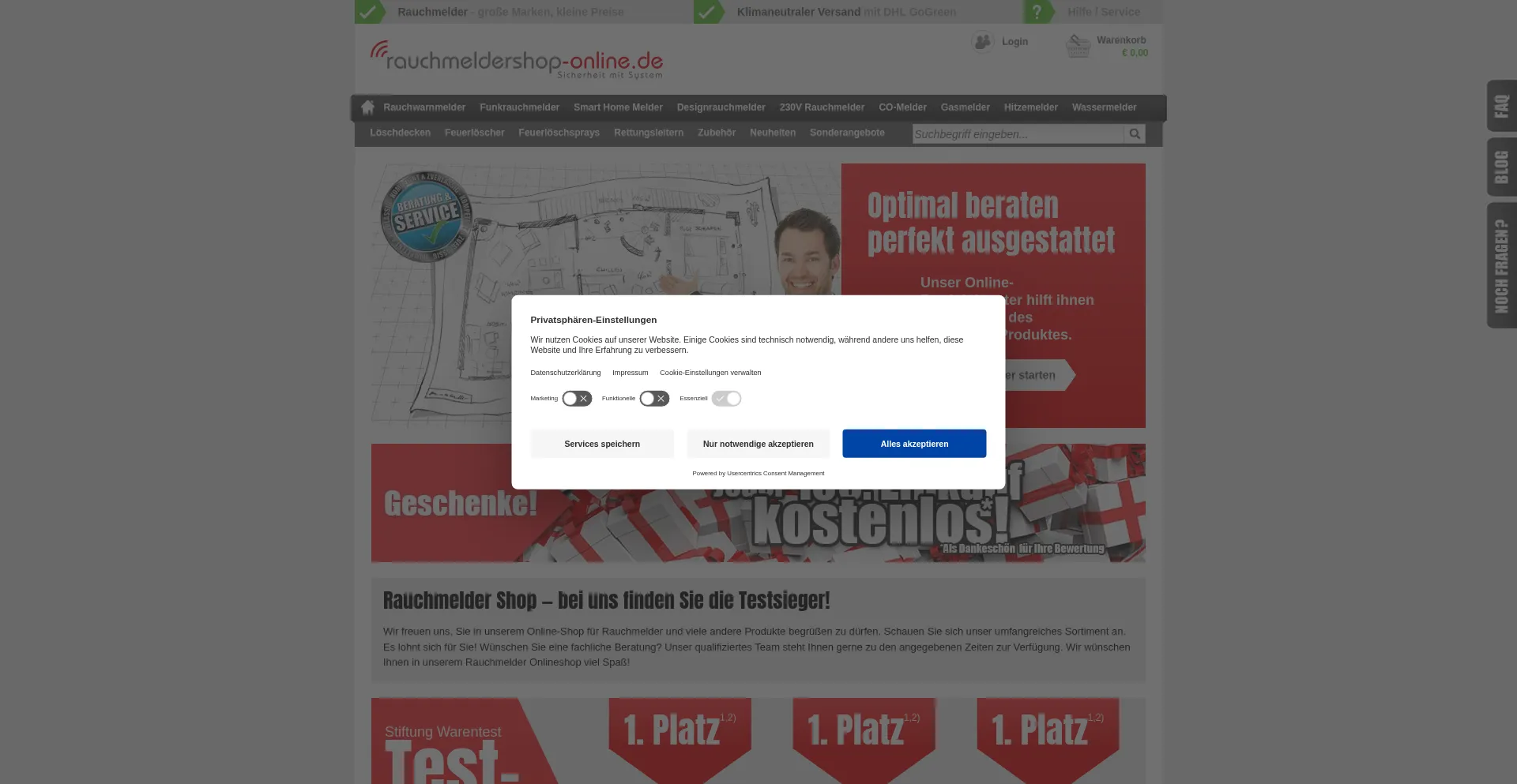 Website screenshot of Rauchmeldershop-online.de