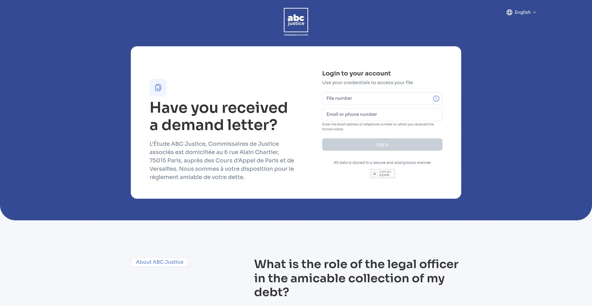 Website screenshot of Recouvrement.amiable-abcjustice.com