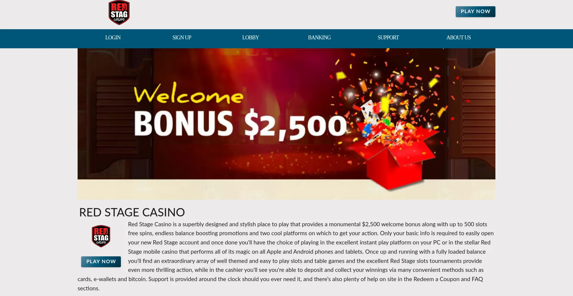 Website screenshot of Redstagecasino.com