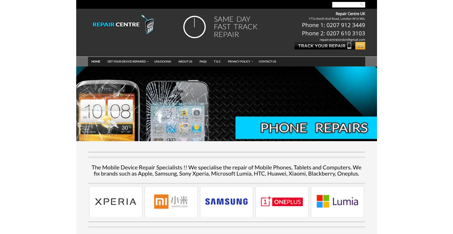 Website screenshot of Repaircentreuk.com