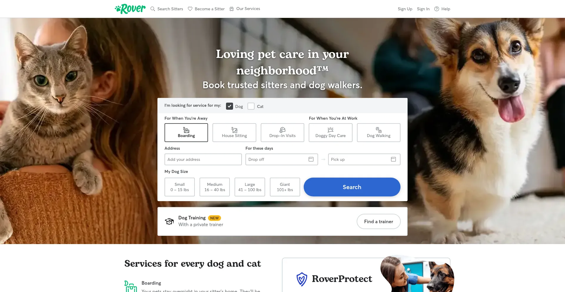 Website screenshot of Rover.com