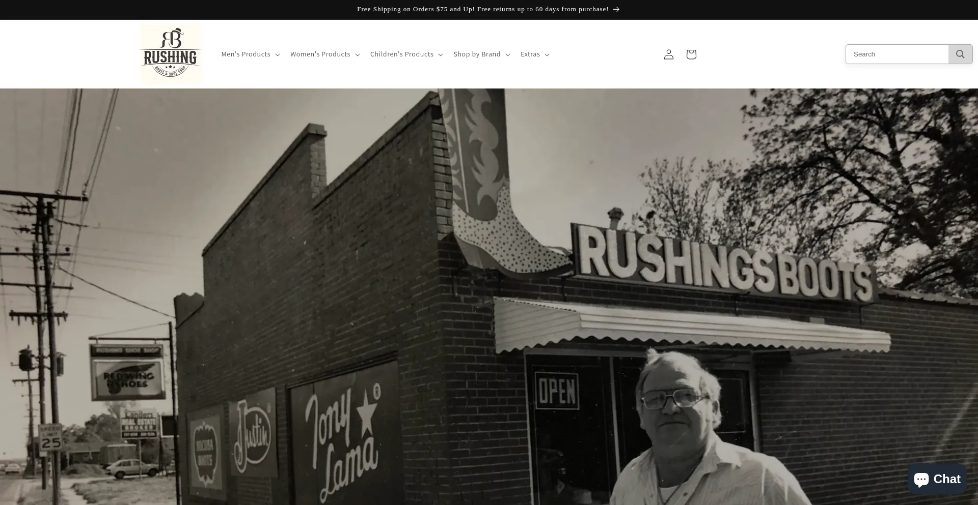 Website screenshot of Rushingboots.com