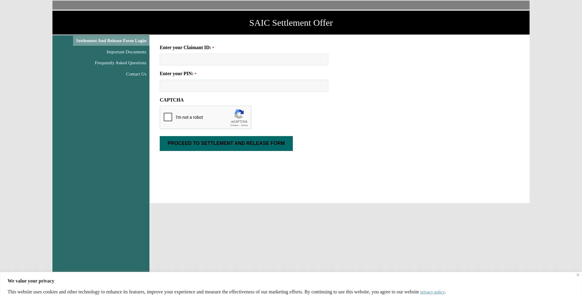 Website screenshot of Saicsettlementoffer.com