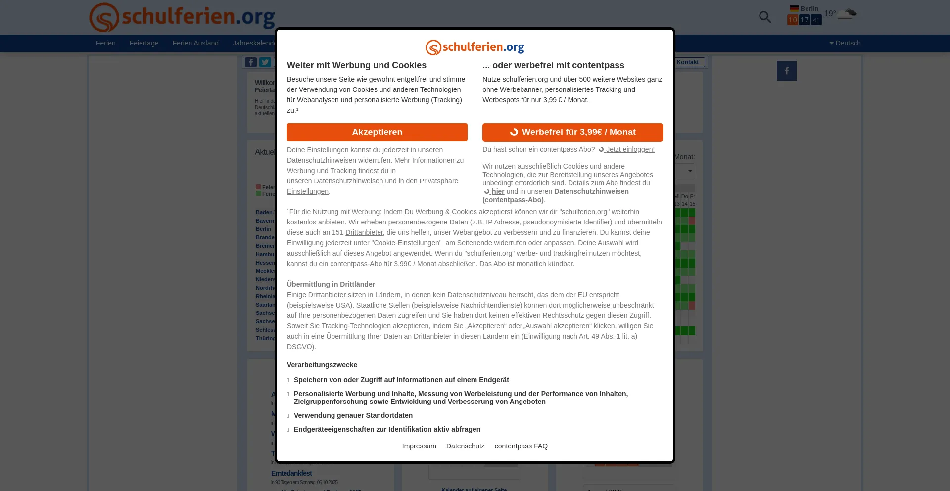 Website screenshot of Schulferien.org