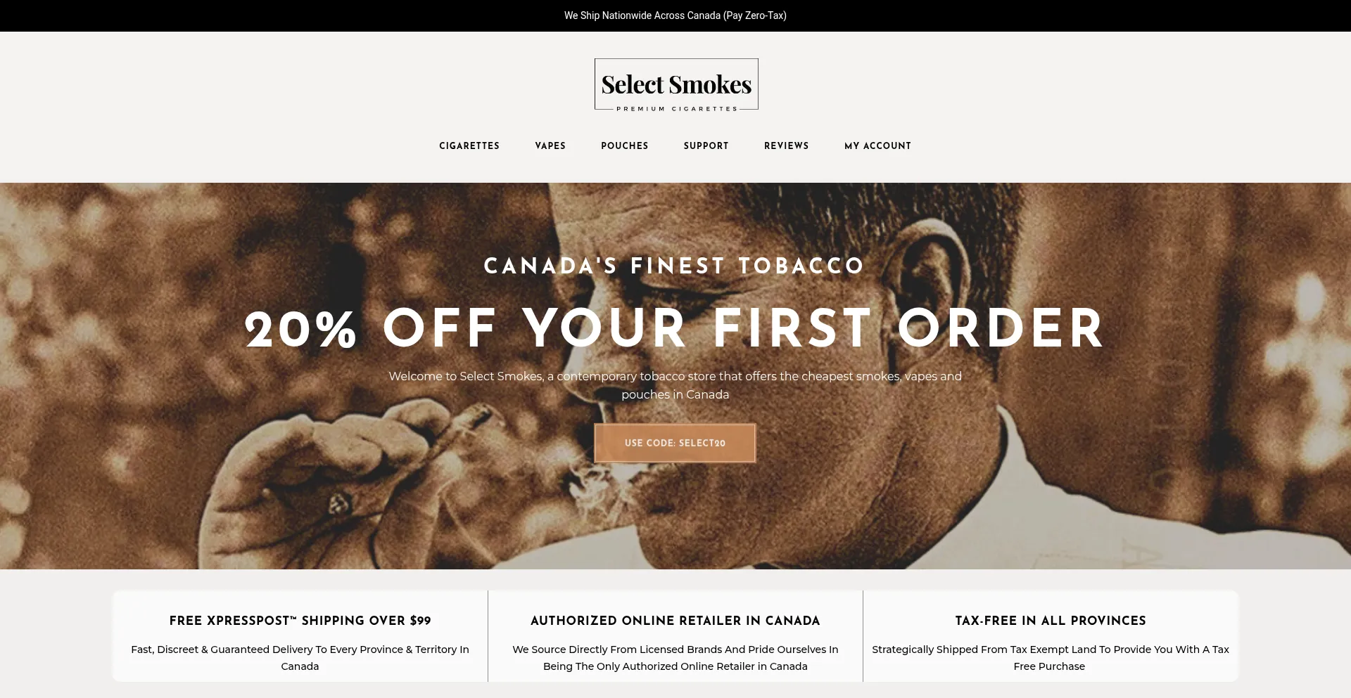 Website screenshot of Selectsmokes.se
