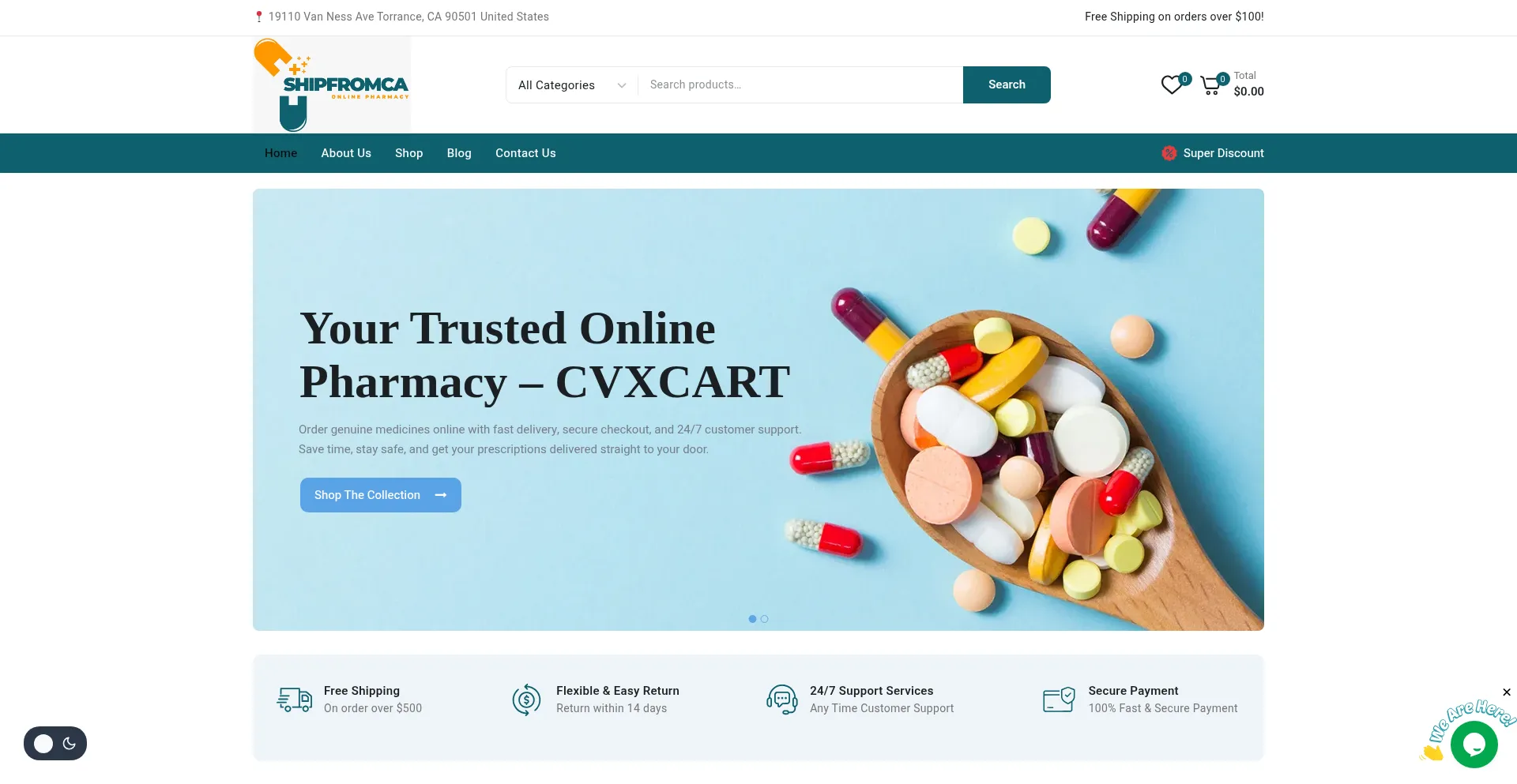 Website screenshot of Shipfromca.com