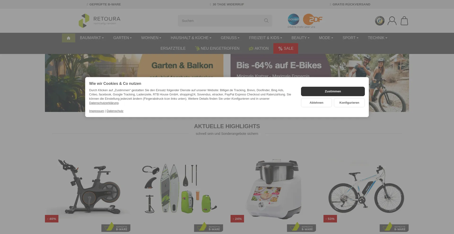 Website screenshot of Shop.retoura.de