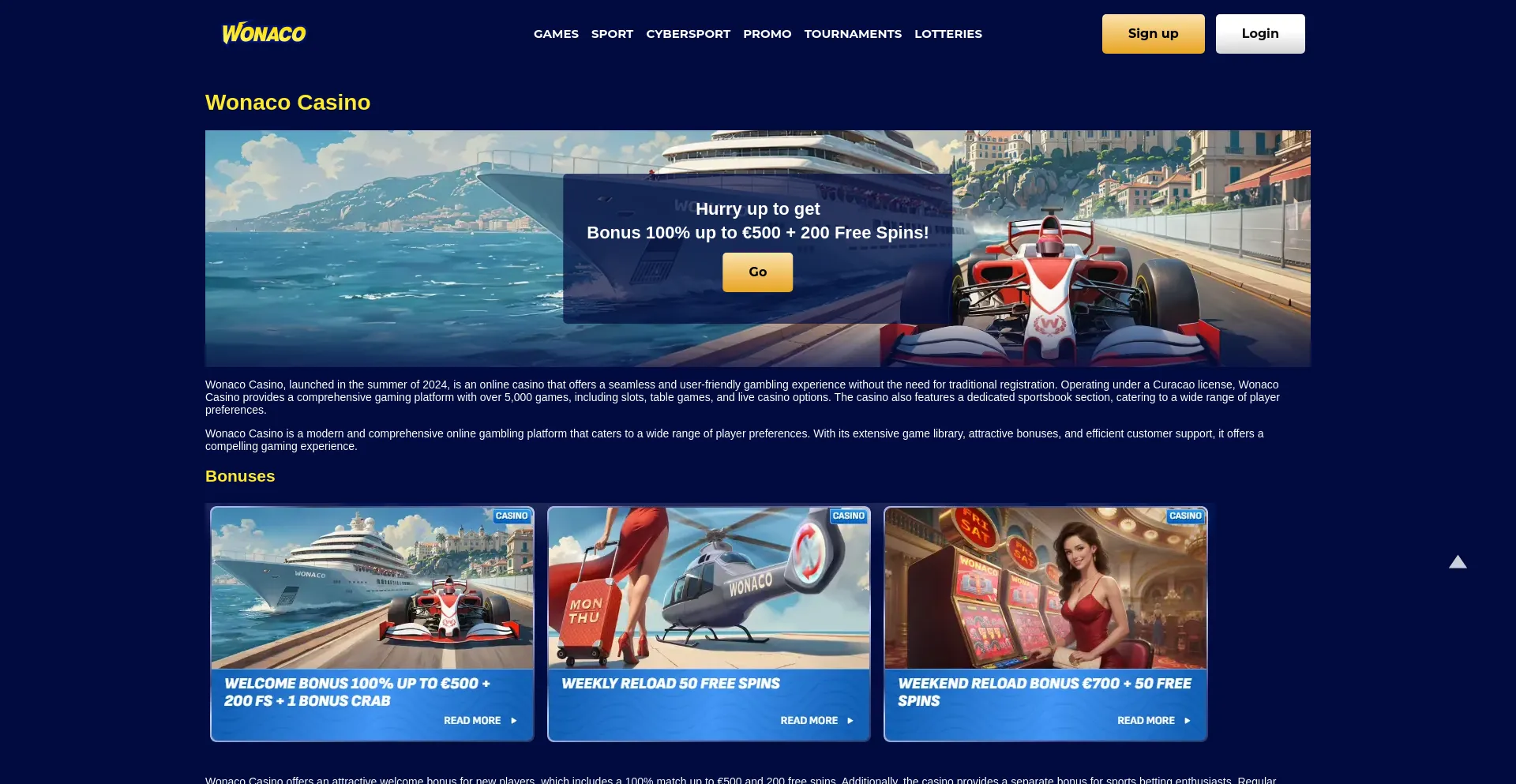 Website screenshot of Slotuna.casino