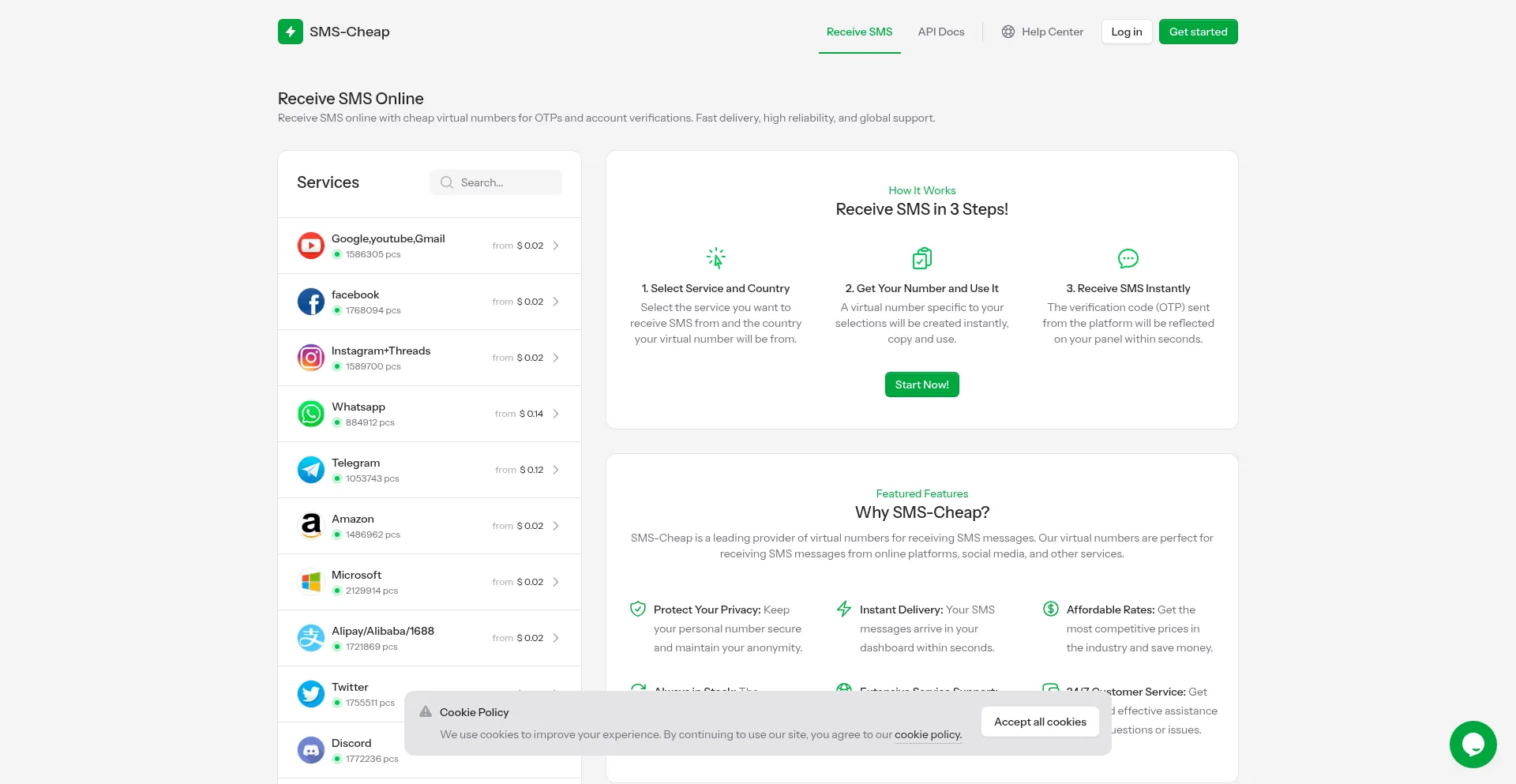 Website screenshot of Sms-cheap.com
