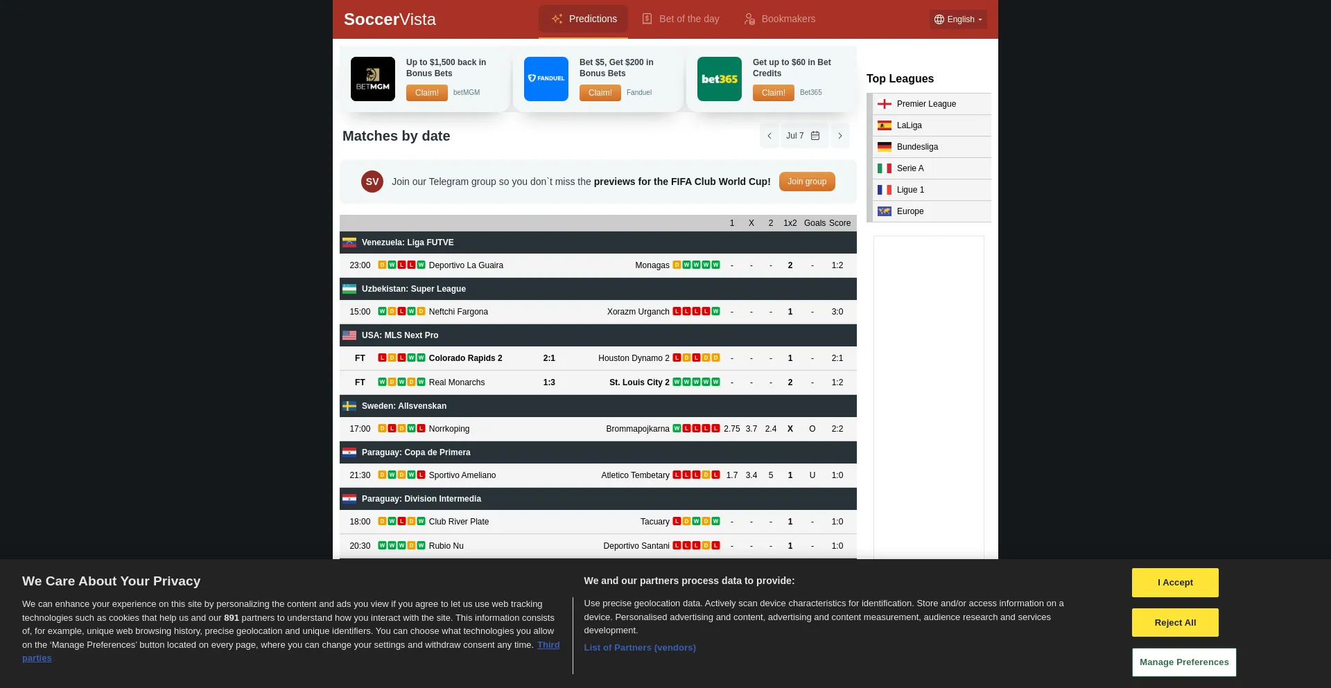 Website screenshot of Soccervista.com