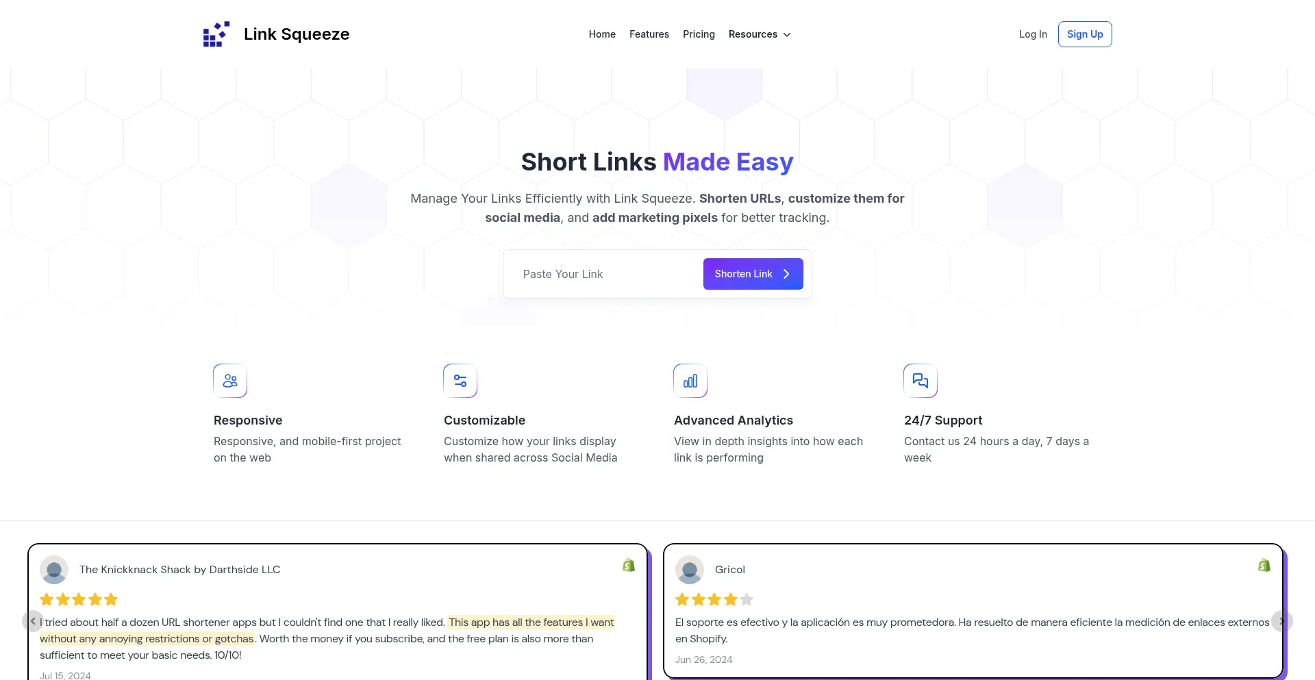 Website screenshot of Sqzly.link