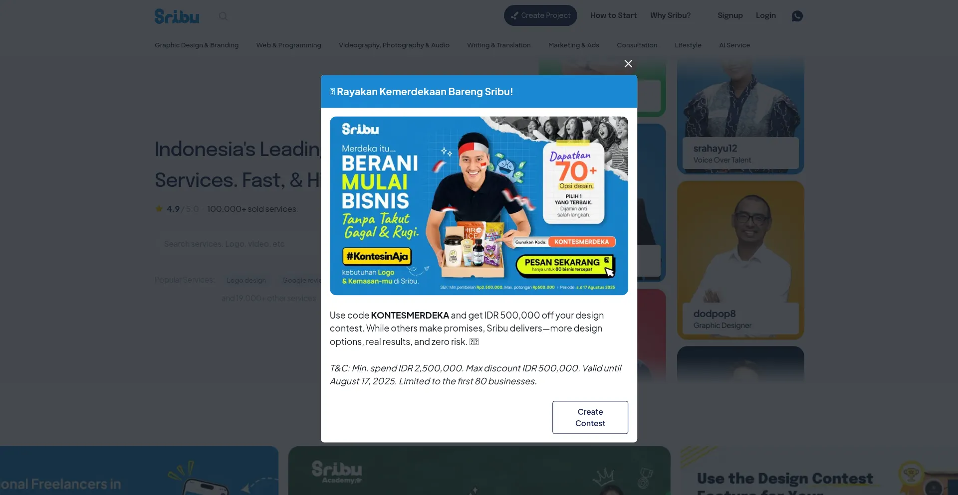 Website screenshot of Sribu.com