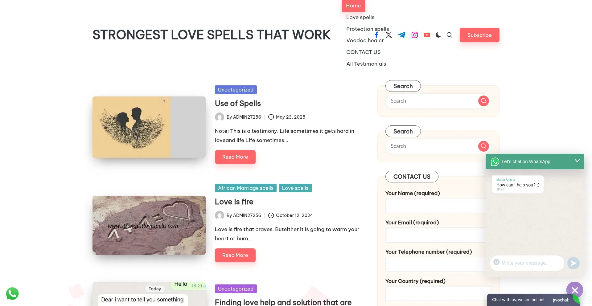 Website screenshot of Strongestlovespells.com