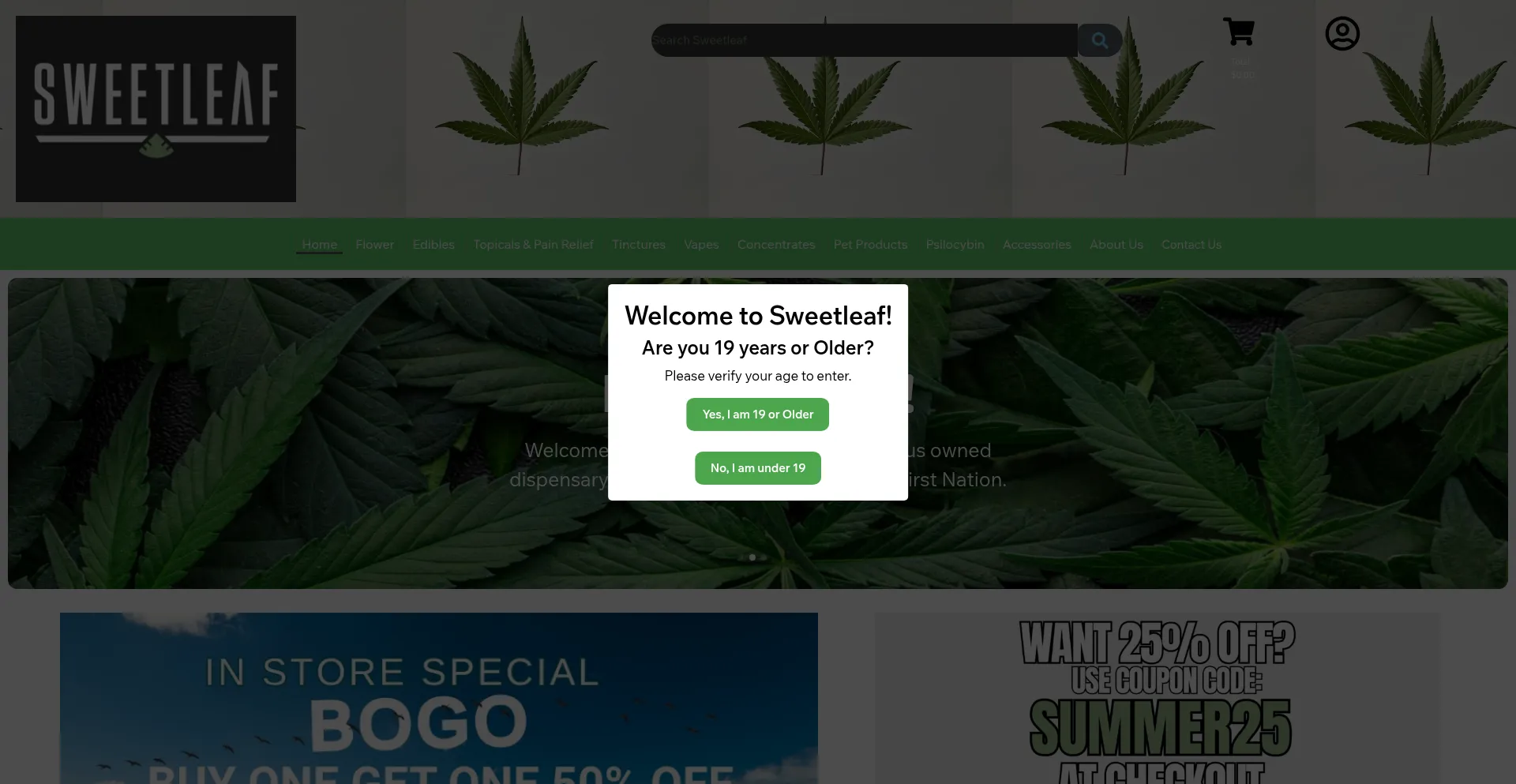 Website screenshot of Sweetleafdispensary.ca