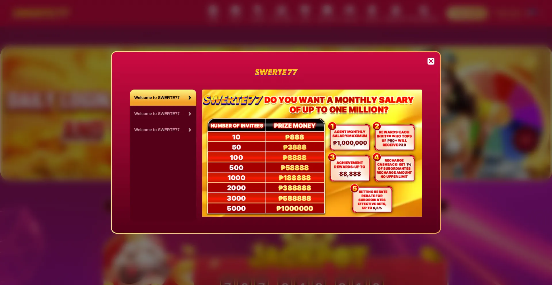 Website screenshot of Swerte77vip1.com