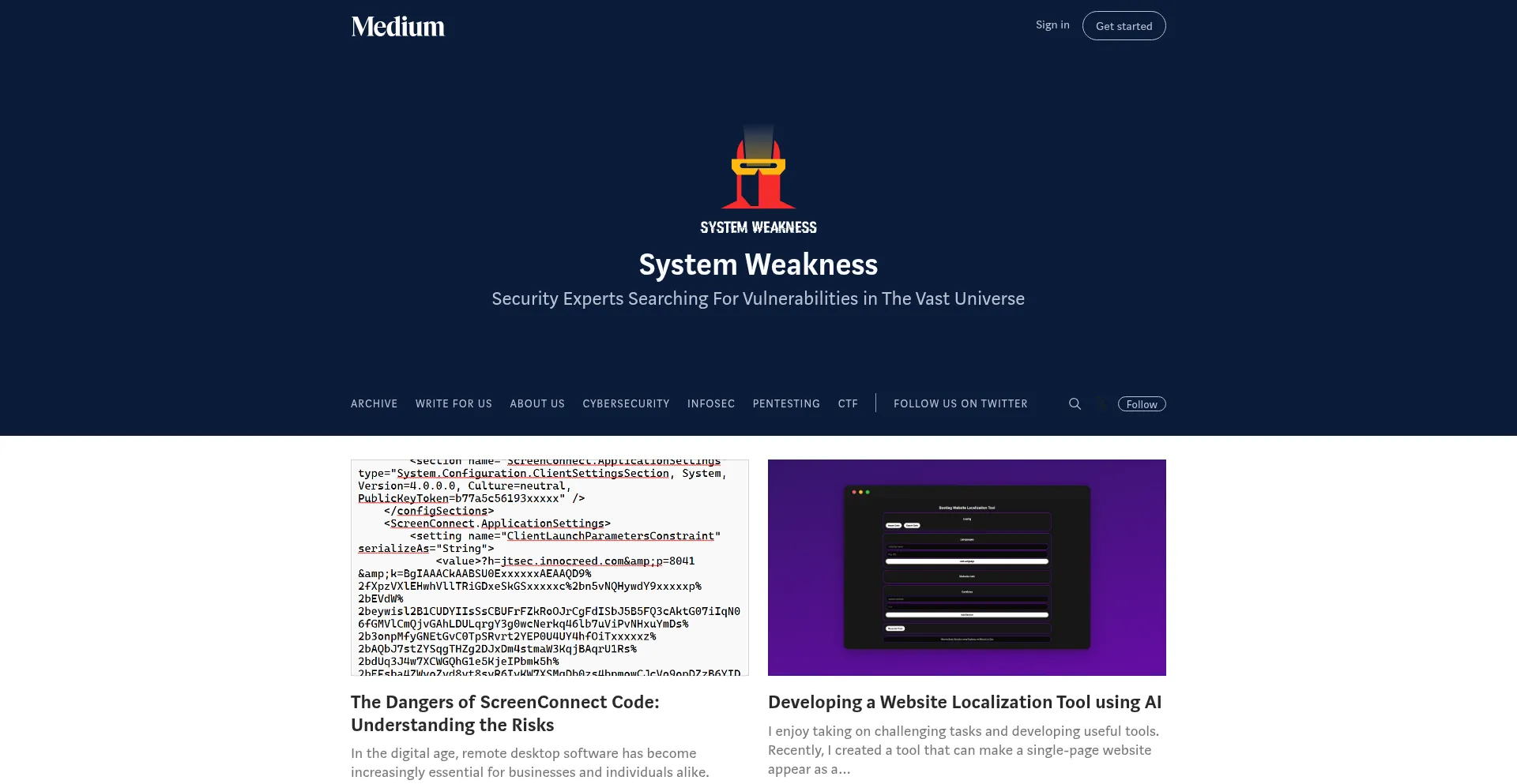 Website screenshot of Systemweakness.com
