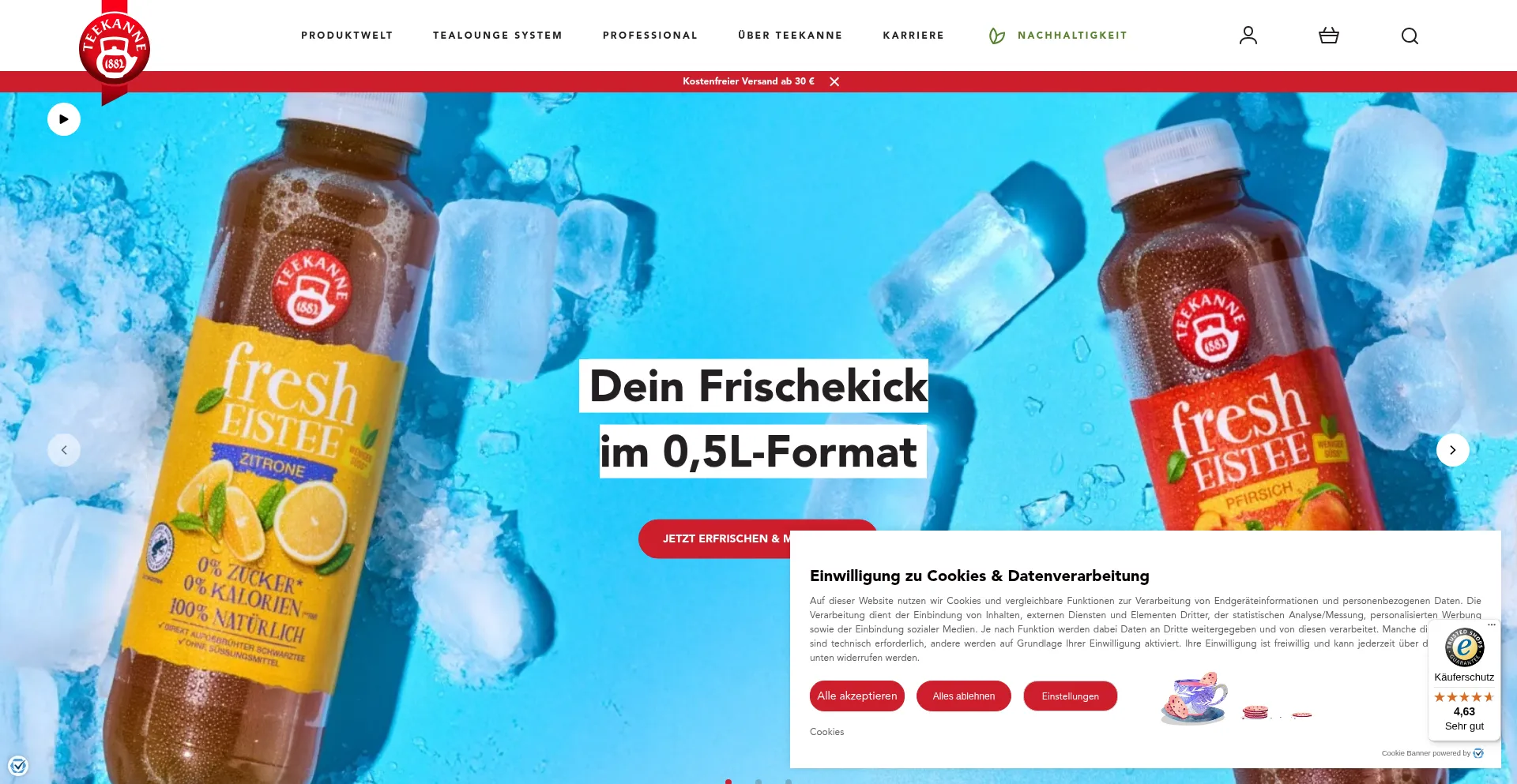 Website screenshot of Teekanne.de