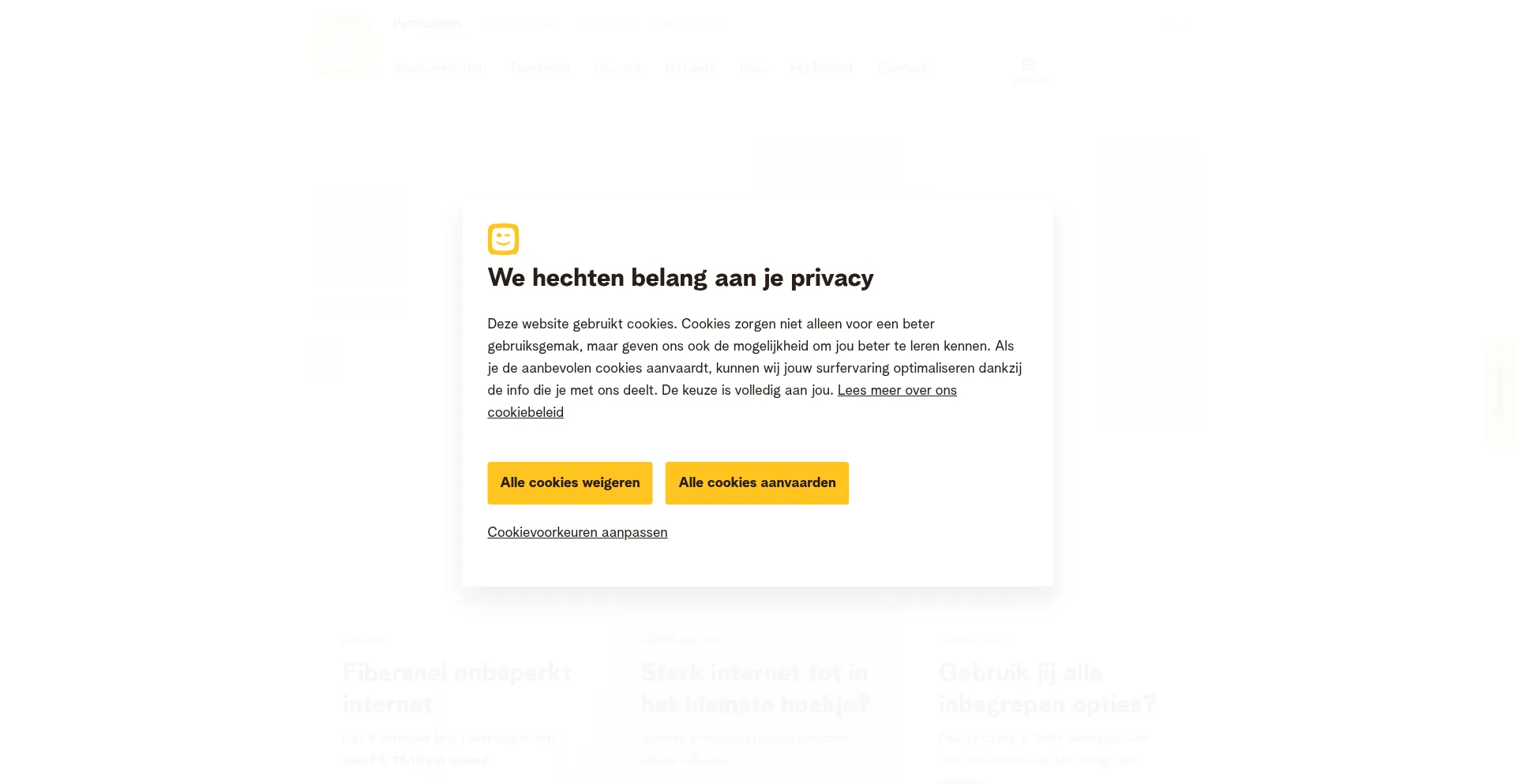 Website screenshot of Telenet.be