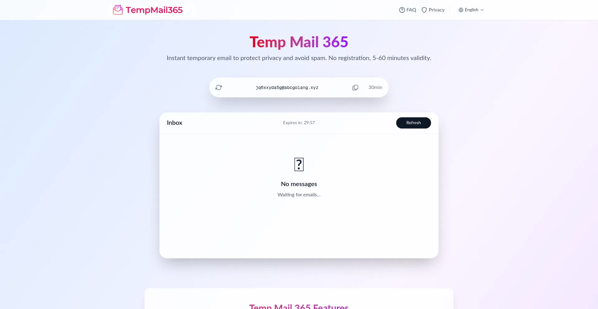 Website screenshot of Temp-mail-365.com