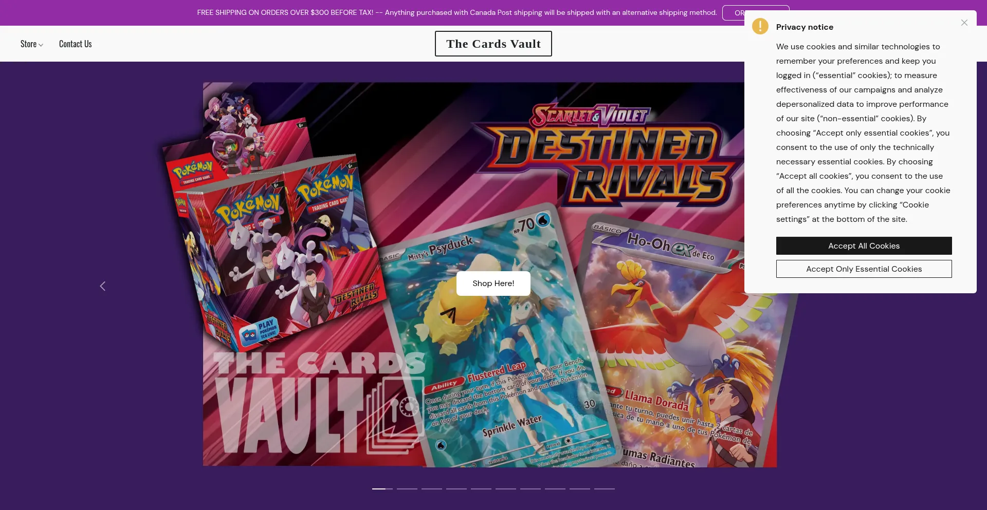Website screenshot of Thecardsvault.com