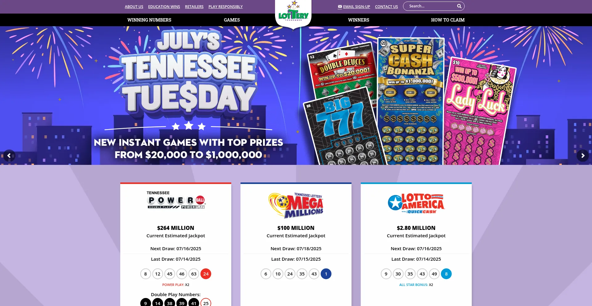 Website screenshot of Tnlottery.com