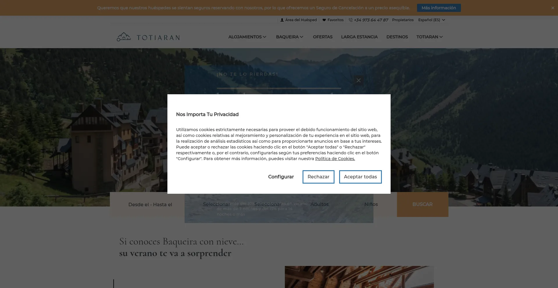 Website screenshot of Totiaranalquilerbaqueira.com