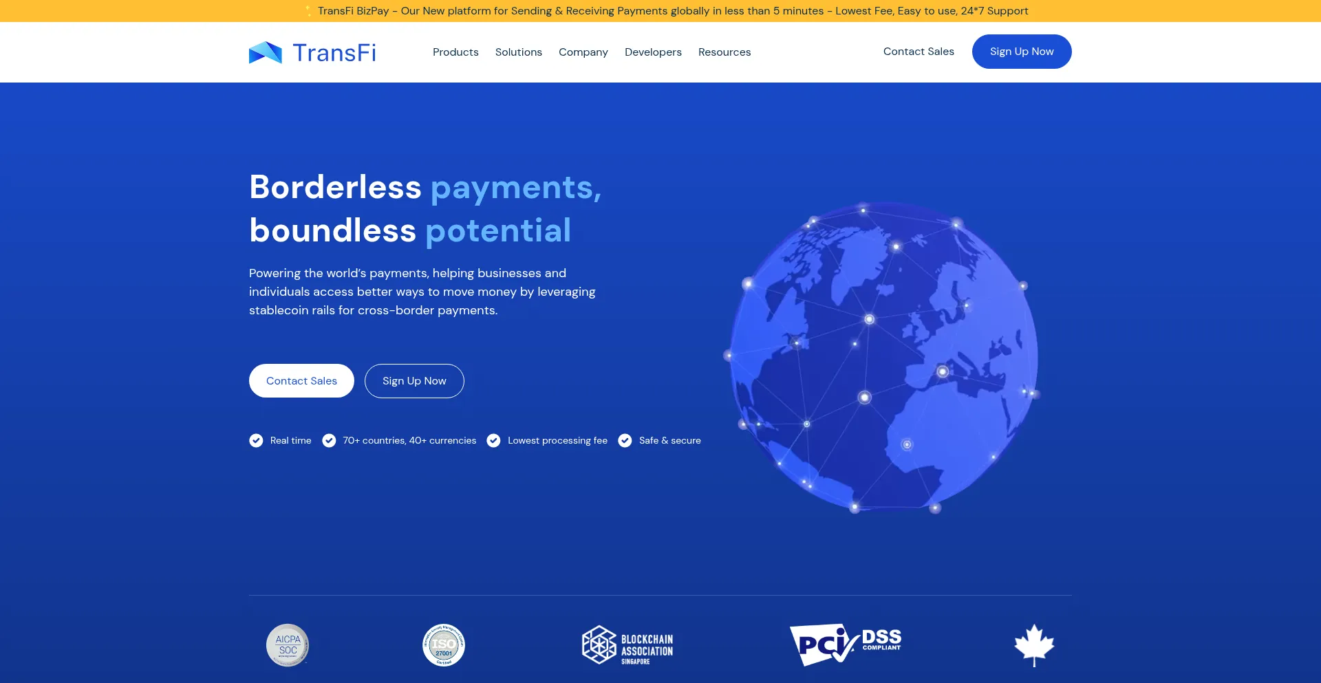 Website screenshot of Transfi.com