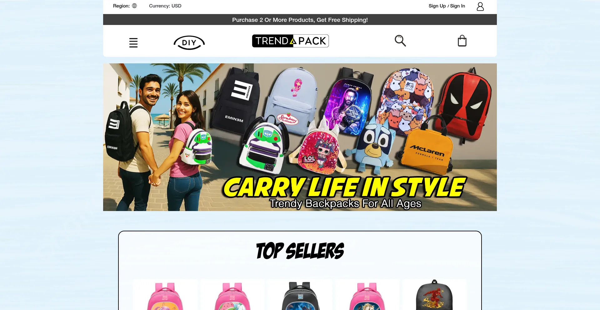 Website screenshot of Trendapack.com