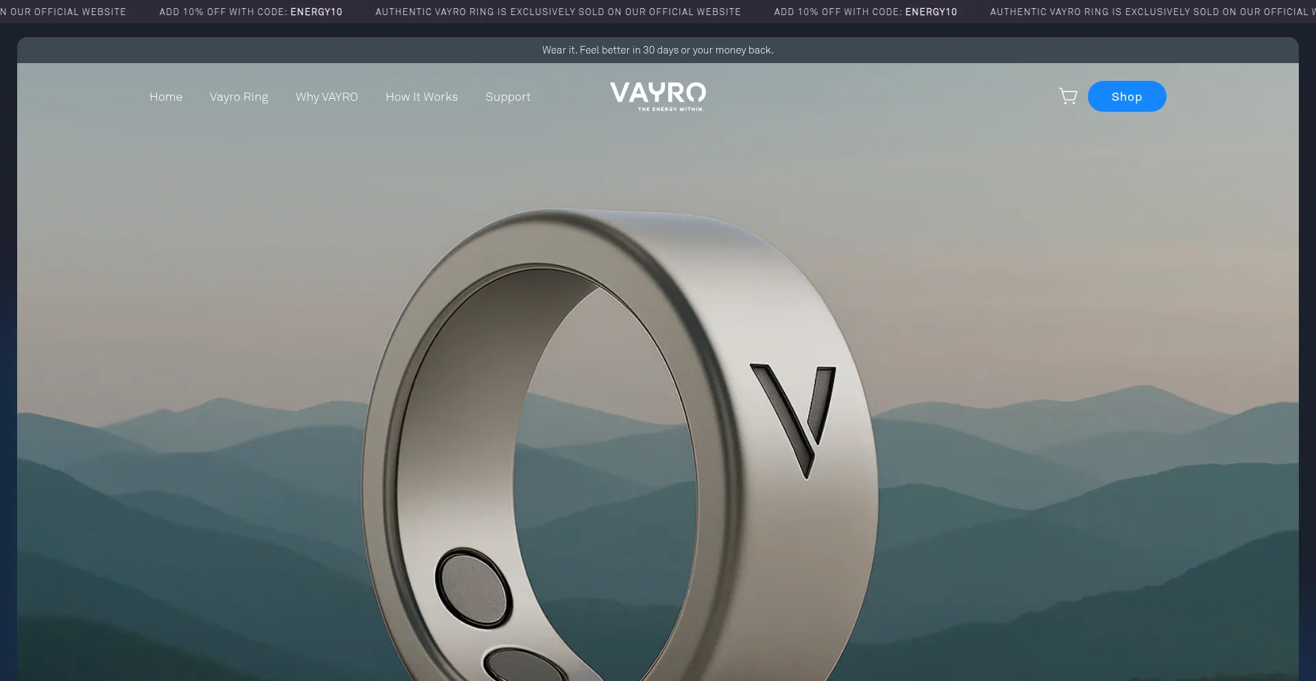 Website screenshot of Try-vayro.com